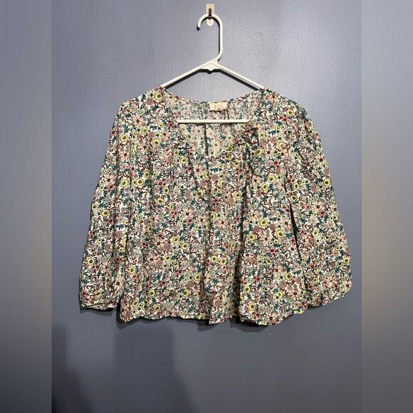 Women's A.N.A Multi Colored Floral Crop Blouse W Balloon Sleeves SZ 1X Boho Chic - Picture 1 of 6
